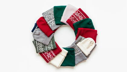 Christmas wreath made of festive hats and scarves in holiday colors, creative winter decoration