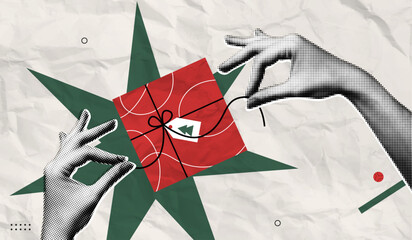 Trendy Halftone Collage Merry Christmas and New Year poster. Women's hands open red gift box. Xmas present with ribbon and bow. Party celebration. Paper texture. Contemporary vector illustration art