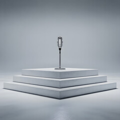 Single microphone on a multitiered square podium, isolated on white background