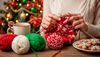 Close-up of knitted Christmas hat with wool yarn balls and cup of hot cocoa with candy cane in foreground against Christmas tree background