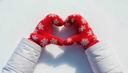 Red Christmas mittens with snowflake pattern shaped like a heart on white snow background