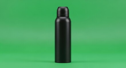 Sleek black reusable water bottle on vibrant green background, perfect for eco-friendly lifestyle campaigns