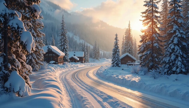 Winter Road with Cabins and Pine Trees