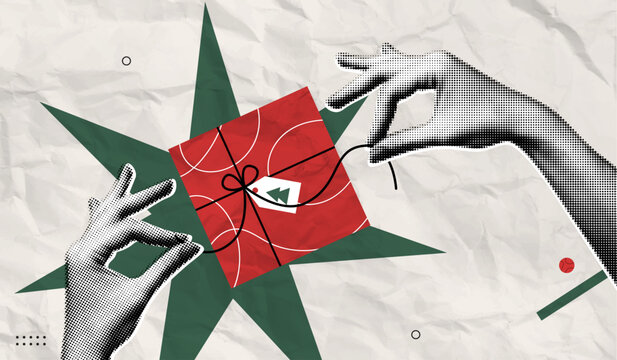 Trendy Halftone Collage Merry Christmas and New Year poster. Women's hands open red gift box. Xmas present with ribbon and bow. Party celebration. Paper texture. Contemporary vector illustration art