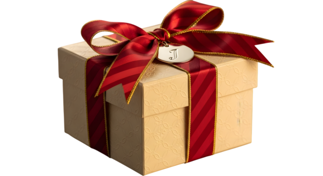 Gift box with red ribbon and initial j isolated on transparent background