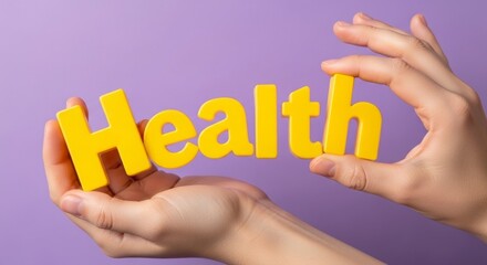 Holding Health: The image showcases two hands gently cradling the word Health formed by vibrant yellow letters, evoking themes of well-being, care, and a mindful approach to overall wellness. 