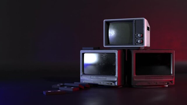 Retro CRT televisions stacked together with VHS tapes scattered on the floor under red and blue cinematic lighting