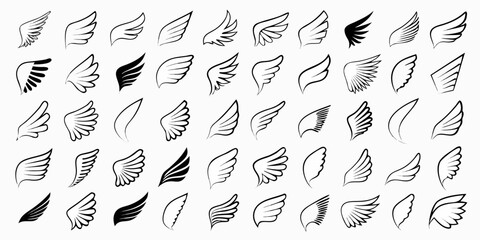 Collection of diverse hand drawn wing icons and symbols in black and white © Roni