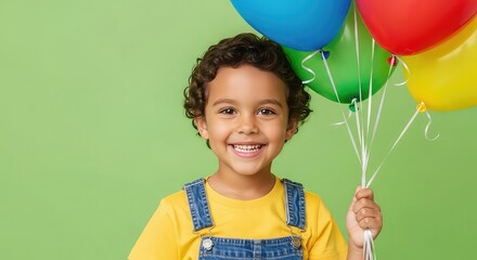 Joyful child smiles holding vibrant colorful balloons, celebrating pure happiness and childhood wonder