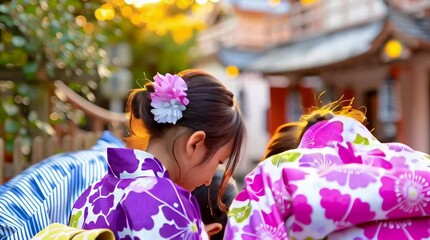 Child and adults in traditional Japanese kimonos bow at shrine at sunset, warm summer festival mood, respectful, joyful.