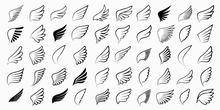 Collection of diverse hand drawn wing icons and symbols in black and white
