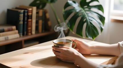 Hands Holding a Steaming Tea Cup for a Cozy and Peaceful Moment