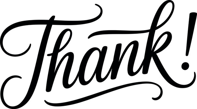 Elegant handwritten calligraphy displays the word 'Thank' with flourish.