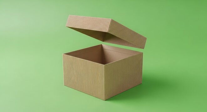 Open corrugated cardboard box on vibrant green background surprises with potential