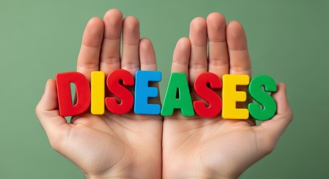 Embracing Clarity: Two hands cradling the bold word DISEASES, each letter a vibrant splash of color. This striking visual serves as a compelling reminder of awareness, prevention.