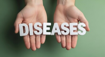 Hand Holding Diseases: A conceptual shot, revealing the poignant truth of diseases by the tender placement of the word 'DISEASES' on the hands, against a muted backdrop.