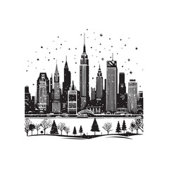 Fototapeta premium Black and White Winter City Skyline Vector — Modern Urban Silhouette Under Snowfall