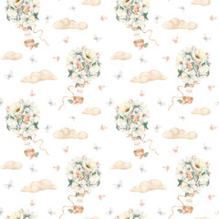 Pastel Balloons with ribbons repeat pattern on white. Watercolor hot air balloons with florals, clouds in neutral colors. Repeat background for wallpaper, kids textile and baby shower backgrounds.
