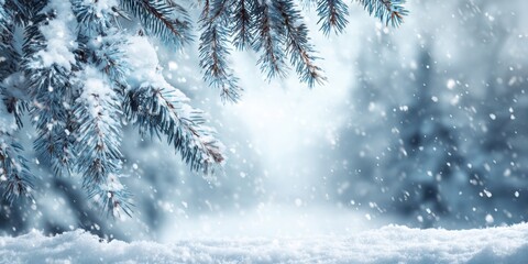 Snow falling on a spruce tree branch in winter forest