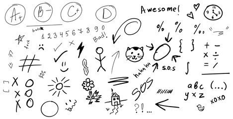 Scratches, pen lines, scribbles from pencil, vector. Scratch texture, sketch, brush stroke. Hand drawn scratches, strokes, lines, arrows, scribbles from pencil, circles. Seamless pattern with numbers.