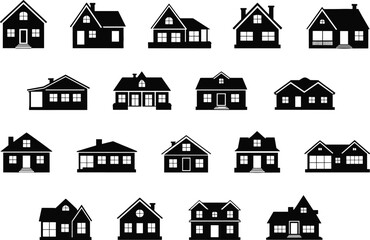 Fototapeta premium Collection of suburban house silhouettes showing residential home architecture designs, real estate property icons, modern housing exterior shapes, neighborhood dwellings set