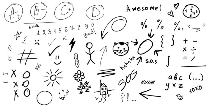 Scratches, pen lines, scribbles from pencil, vector. Scratch texture, sketch, brush stroke. Hand drawn scratches, strokes, lines, arrows, scribbles from pencil, circles. Seamless pattern with numbers.