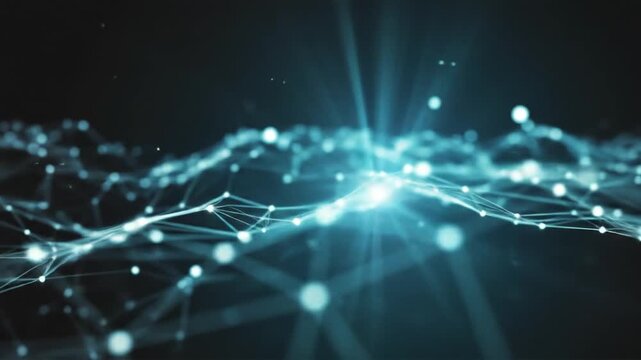 Dynamic digital network with glowing nodes and light flares, representing global connectivity and futuristic data streams