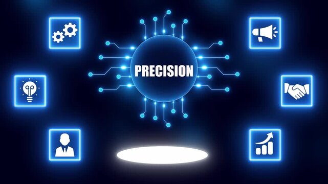 Digital concept of precision with interconnected icons and glowing central circle accuracy exactness