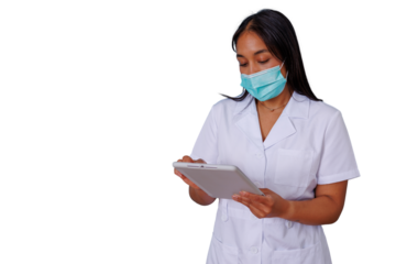 Medical professional woman wearing a face mask and white uniform using a digital tablet for healthcare technology, transparent background