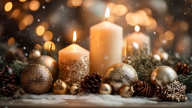 A festive holiday scene featuring glowing candles surrounded by ornaments and pinecones, creating a warm and inviting atmosphere. 