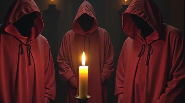 A group of hooded figures in red robes stands around a candle in a dimly lit room. The atmosphere is mysterious and somber, suggesting a ritual or gathering.