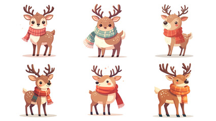 Collection of Flat-Style Reindeer Vector Illustration with Rounded Body, Full Body Character Design on White Background, Perfect for Christmas Cards, Winter Banners, Posters, and Festive Artworks