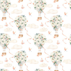 White flowers on Balloons neutral nursery seamless pattern isolated. Airships with butterflies and ribbons on clouds. Watercolor repeat design for kids bedding, baby fabrics. Balloons background.