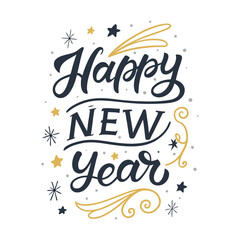 Happy New Year Typography Vector, Elegant Calligraphy Lettering Design, Festive Stars and Swirls Illustration