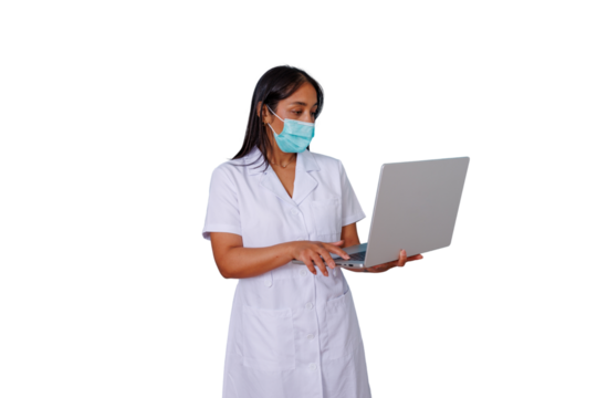 Medical professional woman using laptop, wearing face mask and lab coat, providing telehealth services, transparent background