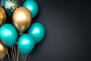 Craft an enticing birthday party banner background featuring bright teal and gold balloons against a rich black backdrop, combining elegance with festivity.