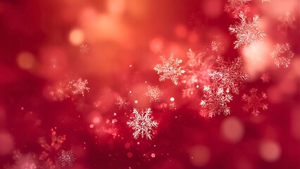 A close-up image of a vibrant red background adorned with intricately detailed snowflakes, creating a festive atmosphere. The delicate flakes appear to be gently floating.