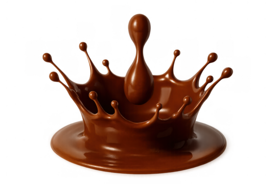Chocolate liquid splash forming a crown shape with a dropping droplet, rich melted cocoa on transparent background