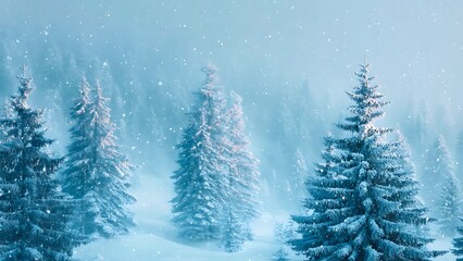 Obraz premium Winter wonderland, snow-covered fir trees and falling snow. The tranquil scene evokes a sense of peace and serenity. A gentle snowfall blankets the forest. 