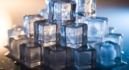 Close-up macro shot of glistening ice cubes stacked, reflecting light and slowly melting