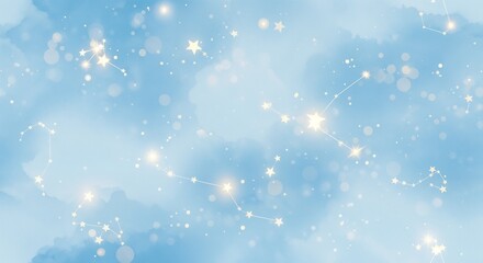 Starry night sky illustration with glowing stars and soft clouds in blue color