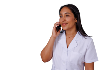 Woman doctor or nurse making phone call, providing telehealth consulting or medical advice transparent background