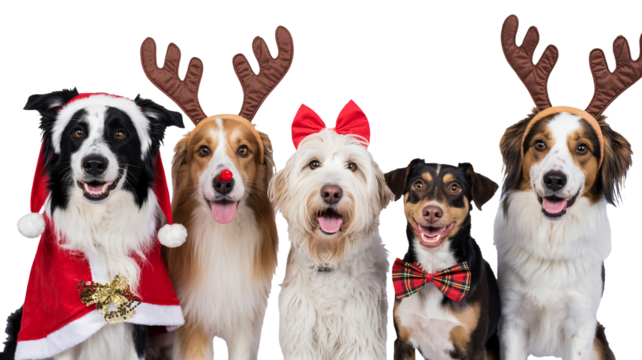 Festive dogs wearing Christmas costumes and reindeer antlers celebrate holidays