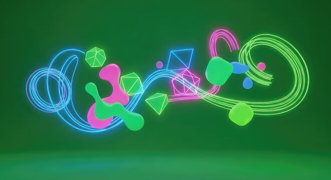 Vibrant neon shapes dance with abstract geometric forms in a dynamic motion graphic