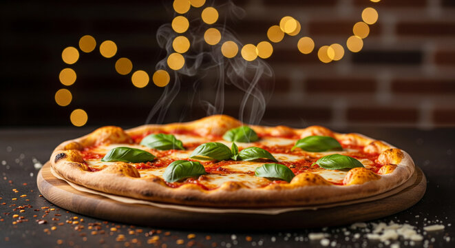 Delicious hot pizza with basil on a wooden board, perfect for restaurant menus, food blogs, or culinary promotions.  Steaming fresh, inviting appetite. Great for delivery services.