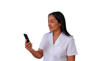 Healthcare professional interacting with smartphone for telehealth consultation, smiling while providing medical service