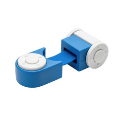 Blue and white mechanical component with rotating parts isolated on transparent background
