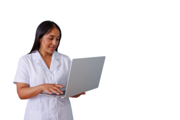 Woman doctor or health professional in white lab coat working with laptop computer, providing online telemedicine consultation on transparent background