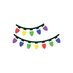 Colorful string of christmas lights with red yellow green blue and purple bulbs isolated on transparent background