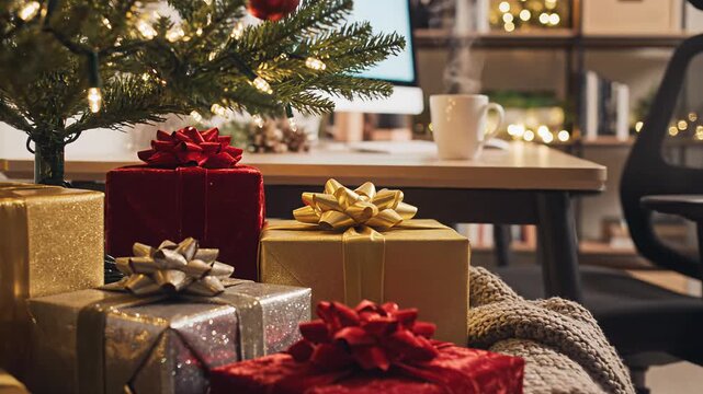 Christmas gifts under decorated tree in cozy home office setting  